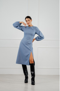 Платье миди из штапеля с рукавами-фонариками серо-голубое Серо-голубой Серо-голубой