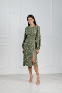 Штапельное платье миди с рукавами-фонариками цвета авокадо Авокадо