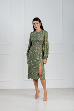 Штапельное платье миди с рукавами-фонариками цвета авокадо