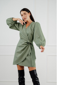 Оливковое платье на запах из штапеля с рукавами со сборкой Оливковый Оливковый