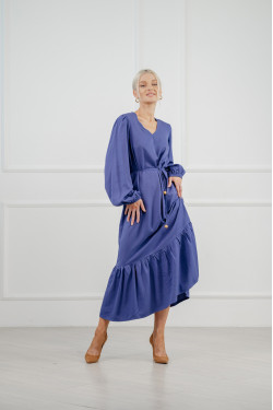 Длинное повседневное платье из штапеля цвета деним с рукавами-фонариками