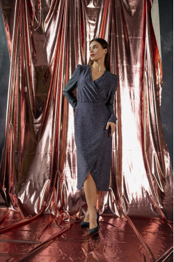 Серебряное вечернее платье миди с запахом и длинным рукавом Серебряный