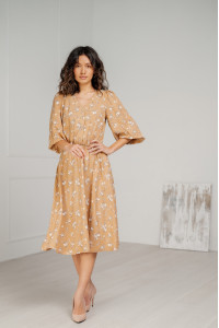 Бежевое платье-миди из штапеля с V-образным вырезом Бежевый Бежевый