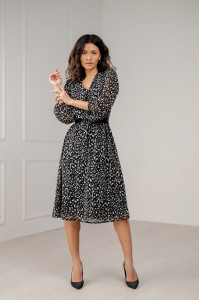 Вечернее платье черное длины миди из шифона с длинным рукавом Черный Черный