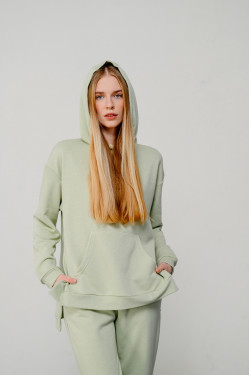 Фисташковый свитшот с капюшоном из трехнитки свободного кроя