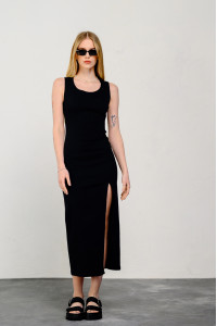 Черное платье-футляр миди из бенгалина с разрезом Черный Черный