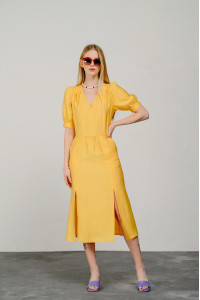 Желтое платье миди из штапеля с пышными рукавами Желтый Желтый
