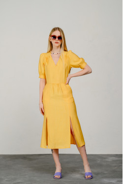 Желтое платье миди из штапеля с пышными рукавами Желтый