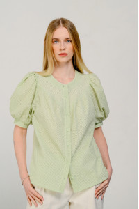 Романтическая блуза из коттона с пышными рукавами фисташко Фисташковый Фисташковый