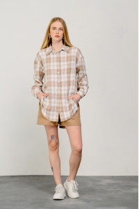 Бежевая женская рубашка оверсайз с длинным рукавом из коттона Бежевый Бежевый