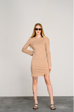 Бежевое трикотажное платье мини с длинным рукавом Бежевый