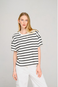 Черная хлопковая футболка оверсайз с полосатым принтом Черный Черный