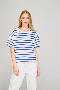 Хлопковая футболка оверсайз в полоску цвета деним Деним