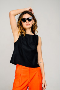 Черный льняной топ без рукавов с боковыми разрезами Черный