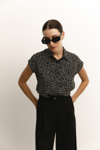 Черная рубашка из крепдешина с коротким рукавом для женщин Черный Черный