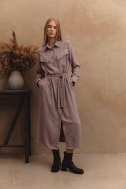 Длинное серое платье-рубашка из штапеля свободного кроя Серый