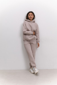 Beige women's fleece-lined trousers with a high waist and cuffs Бежевый