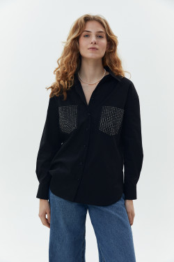 Черная коттоновая рубашка свободного кроя со стразами Черный