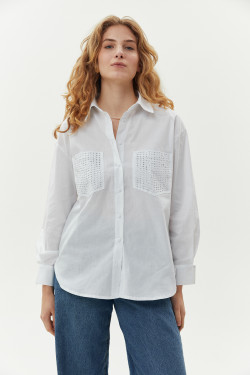 Удлиненная белая женская рубашка из коттона с длинным рукавом Белый