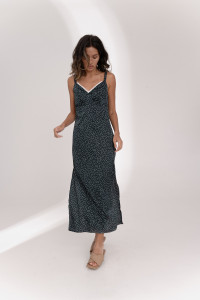 Вечернее зеленое платье миди из шелка с кружевным вырезом Зеленый Зеленый