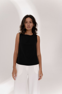 Black straight-cut top with a lace insert on the back.
