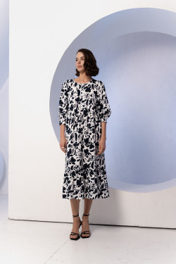 Синее платье миди из штапеля с объемным рукавом Синий