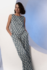 Denim-colored silk pantsuit with a sleeveless top Деним