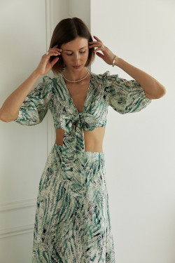 Летний костюм из штапеля с топом и юбкой, цвет мята