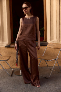 Шелковый брючный костюм с топом без рукавов цвета шоколад Шоколад